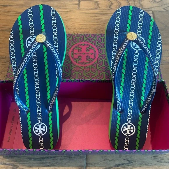 New Tory Burch Navy Sea Gemeni Rope Spring Green Flip Flops Size 6 Style 38959 - Picture 5 of 9